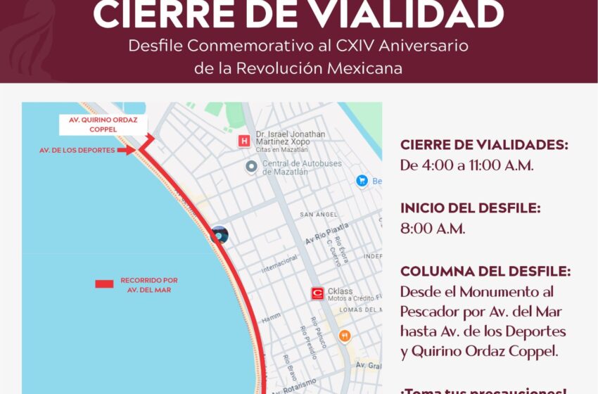  Por desfile revolucionario, Tránsito Municipal cerrará algunas vialidades de la zona Centro